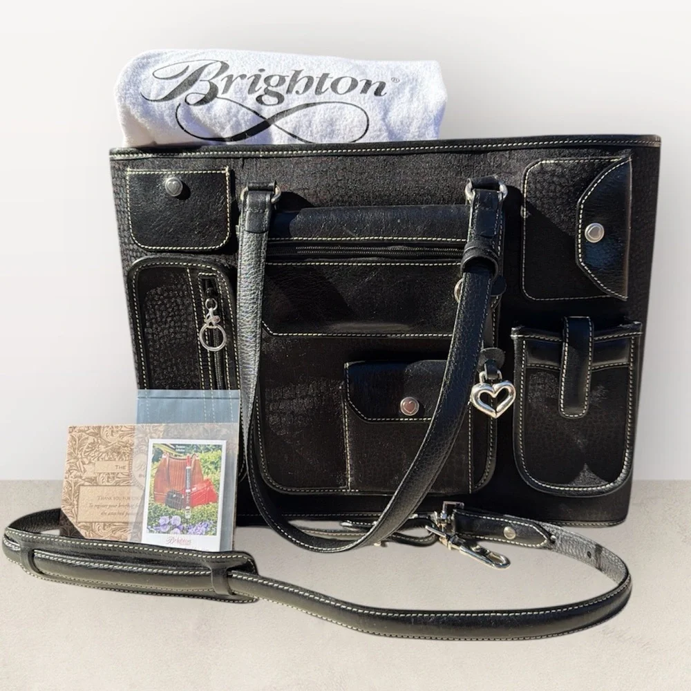 Vintage Brighton Black Leather Briefcase Laptop Bag Multi Pocket Travel Tote